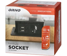 Orno Wpuszczane Įleidžiamas baldų lizdas su USB įkrovikliu ir 1,5 m laidu, 1x2P+Z Schuko, 2xUSB (A tipo, 2,1A), plokščiu frezuotu kraštu, juodas