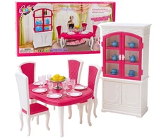 Lean Toys Lėlių valgomojo baldų komplektas: stalas, kėdės, bufetas, indai