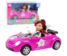 Lean Toys Lėlė rožiniame konvertuojamame automobilyje su šuniuku