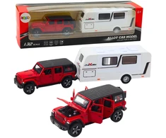 Lean Toys RAUDONAS VISUREIGIS SU KEMPINGO PRIEKABA 1:32