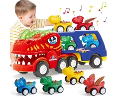 Dinozauro formos sunkvežimis su automobiliais
