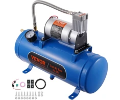 12V oro kompresoriaus rinkinys su 6 L bakeliu. garso signalams. slėgis 90-120 PSI