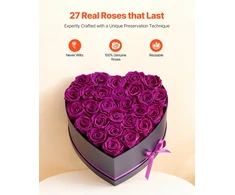 27 stabilizuotos rožės dėžutėje širdies formos. violetinės spalvos