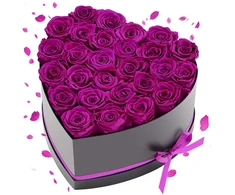 27 stabilizuotos rožės dėžutėje širdies formos. violetinės spalvos
