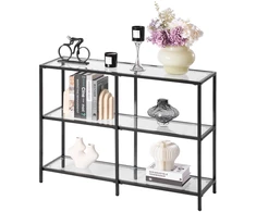 3 lygių stiklinis konsolinis staliukas 100 x 30 x 72.9 cm. metalinės kojos. juodas