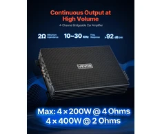 4 kanalų automobilinis garso stiprintuvas. AB klasė. iki 4x200W/4Ω arba 4x400W/2Ω