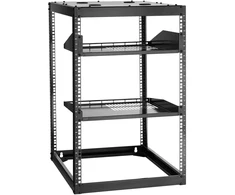 Atviro rėmo tinklo spinta 16U. apkrova iki 68 kg. vėdinamos lentynos. juoda. gylis 585 mm