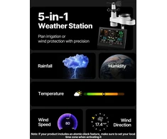 Belaidė meteorologinė stotelė be WiFi. 190.5 mm VA ekranas. saulės jutiklis. lietaus matuoklis. 5 funkcijos