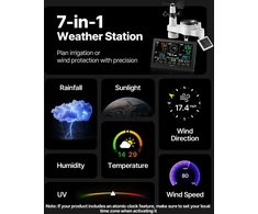 Belaidė meteorologinė stotelė be WiFi. 190.5 mm VA ekranas. saulės jutiklis. lietaus matuoklis. 7 funkcijos