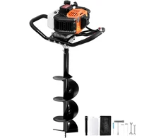 Benzininis žemės grąžtas. 52 cm³. 1450 W. su 200 mm antgaliu ir ilginimo velenu. tvoros stulpams ir sodinimui. oranžinis-juodas