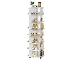 Besisukanti avalynės spintelė 360°. 28 poroms. 7 lentynos. su ratukais. 598x598x1670 mm. balta