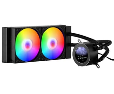 CPU skysčio aušinimo sistema. 2 x 120 mm ventiliatoriai. LCD ekranas. ARGB apšvietimas. Intel/AMD