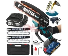 Grandininis pjūklas Akumuliatorinis grandininis genėjimo pjūklas su grandinės tepimu MEISTER MS-030 + 2 akumuliatoriai, 6"+6", 850 W