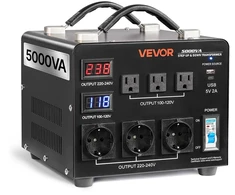 Įtampos transformatorius 220V/110V. 5000 VA. su LCD ekranu. 3 JAV ir 3 ES lizdais