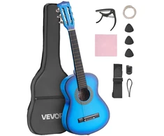 Klasikinė gitara 780 mm. medinė. pradedantiesiems. su dėklu. diržu. derintuvu. mėlyna