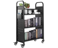 Knygų vežimėlis su ratukais 770x380x1220 mm. L formos lentynos. iki 150 kg. juodas