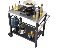 Lauko vežimėlis maisto ruošimui prie barbekiu. su dviem lentynomis. sulankstomas metalinis stalviršis 85x55 cm