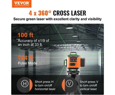 Linijinis lazerinis nivelyras žalias veikimo spindulys 30m 4 kryžminės linijos 360°