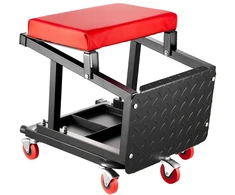 Mechaniko taburetė su ratukais. keliamoji galia 136 kg. sukasi 360°. su įrankių padėklu. juoda