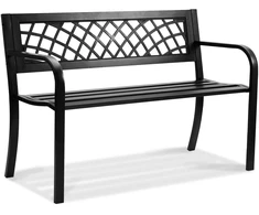 Metalinis lauko sodo suoliukas. 52.5 x 116.3 x 76.2 cm. su atlošu ir porankiais. krovumas 218 kg