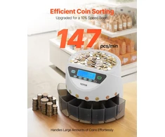 Monetų skaičiavimo ir rūšiavimo aparatas. 8 europinių monetų tipai. iki 850 monetų. LCD ekranas