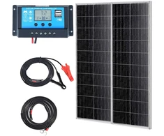 Monokristalinių saulės skydelių rinkinys 2x100W su įkrovimo reguliatoriumi. IP68
