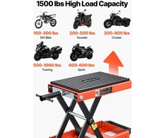 Motociklo žirklinis keltuvas kompaktiška platforma apkrova 680 kg eiga 105-35 cm