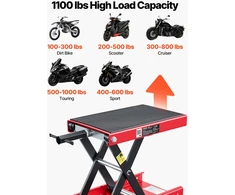 Motociklo žirklinis keltuvas kompaktiška platforma apkrova 499 kg eiga 95-34 cm