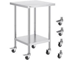 Nerūdijančio plieno darbastalis 610x610x954 mm. 4 ratukai. 3 aukščio lygiai. sidabrinis