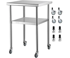 Nerūdijančio plieno darbastalis ant ratukų 61x61x91.4 cm. 2 lentynos. iki 272.4kg