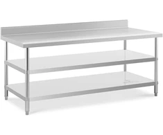 Nerūdijančio plieno darbo stalas su atbraila 2 lentynos 200 x 90 cm