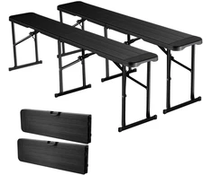 Nešiojamas kempingo suoliukas 182 cm. plastikinis. sulankstomas. 2 vnt.. apkrova 150 kg vietai. juodas