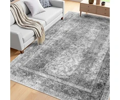 Plaunamas boho stiliaus kilimas svetainei. 1829 x 2743 mm. pilkas