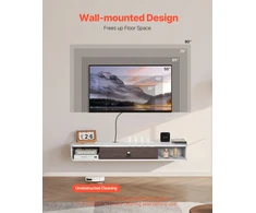 TV staliukas Prie sienos tvirtinama TV spintelė su anga laidams. saugykla DVD grotuvui ir žaidimų konsolei. balta. ilgis 120 cm