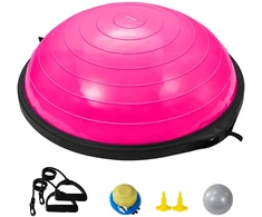 Pusės pusiausvyros kamuolys (bosu) su pasipriešinimo juostomis ir pompa. 64 cm. rožinis