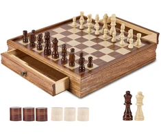 Šachmatų/šaškių komplektas iš masyvios medienos 400 x 380 x 68 mm. 2 žaidimai 1. su stalčiumi
