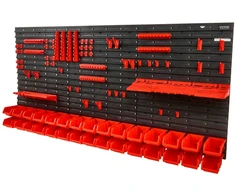 Sieninė lentyna su 30 plastikinių dėžučių smulkioms detalėms. juoda/raudona