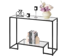 TV staliukas Stiklinis 2 lygių konsolinis staliukas 107x35.4x75.5 cm. grūdintas stiklas. juodos spalvos