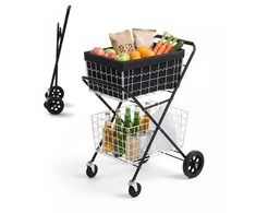 Sulankstomas 2 lygių pirkinių vežimėlis. apkrova 40 kg. 2 išimami krepšiai. ratukai 360°