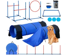 Šunų agility treniruočių įrangos komplektas. 7 dalys. 6 stulpeliai. 2 tuneliai