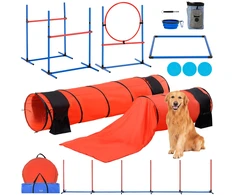 Šunų agility treniruočių įrangos komplektas. 7 dalys. 6 stulpeliai. 2 tuneliai