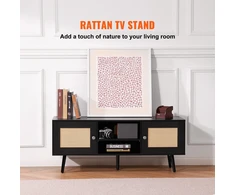 TV staliukas TV spintelė iš ratano. boho stiliaus. reguliuojamos lentynos. 120x40x49 cm. 2 durelės. 2 stalčiai. juoda