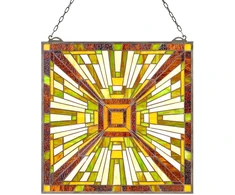 Vitražinio stiklo lango panelė 501x527 mm. stačiakampė vertikali. su grandinėle