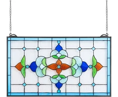 Vitražinio stiklo lango panelė 664x402 mm. stačiakampė horizontali. su grandinėle