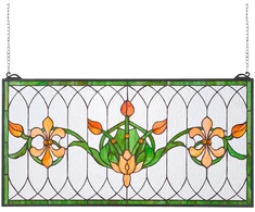 Vitražinio stiklo lango panelė 810x433 mm. stačiakampė horizontali. su grandinėle