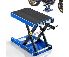 Žirklinis keltuvas motociklui kompaktiška platforma apkrova 499 kg eiga 95-34 cm mėlynas