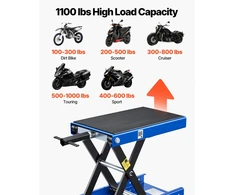 Žirklinis keltuvas motociklui kompaktiška platforma apkrova 499 kg eiga 95-34 cm mėlynas