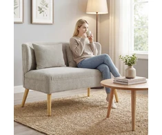 Aosom 2-vietė sofa, maža šenilinė sofa su sparnų tipo atlošu, storu sėdynės paminkštinimu, kaučiukmedžio kojomis, smėlio spalvos
