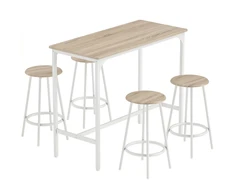 Aosom 5 dalių baro stalo komplektas 4 asmenims, 1 stalas ir 4 taburetės, ąžuolo spalvos, baltas metalas, 110 x 50 x 89,5 cm
