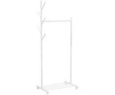 Aosom Drabužių stovas su ratukais ir batų lentyna, metalinis, baltas, 68 x 43 x 171 cm